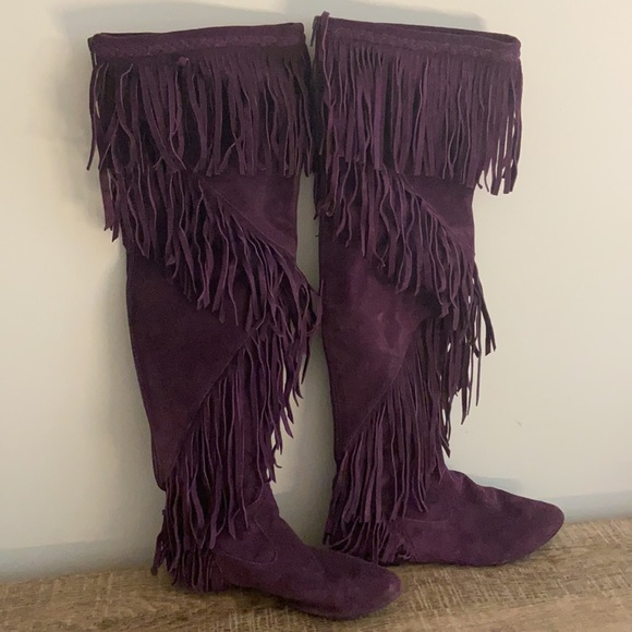 NWOB Sam Edelman Purple Suede Fringe OTK Boots, 8 - Picture 4 of 8